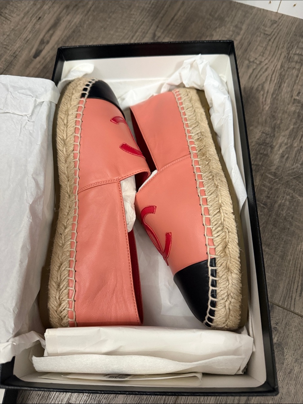 CHANEL Coral Pink Leather Espadrilles with Black Cap Toe